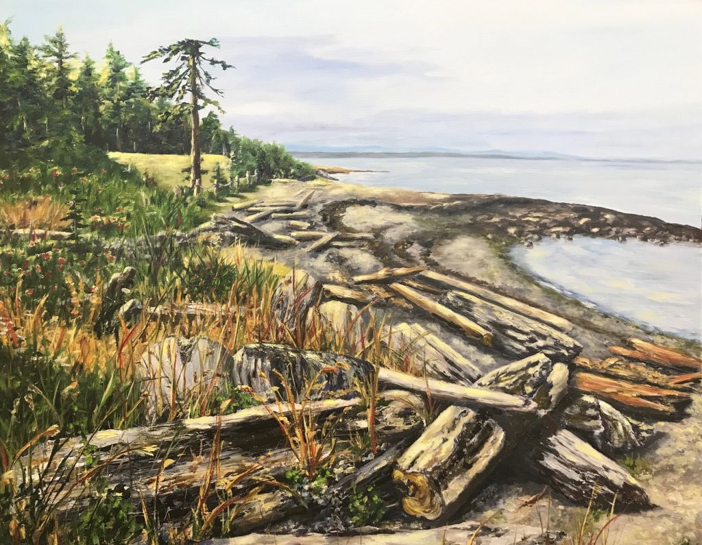 “Hornby Island Shore” by Margery Blom, oil painting with a serene coastline, blending blues and earthy tones with smooth brushwork.