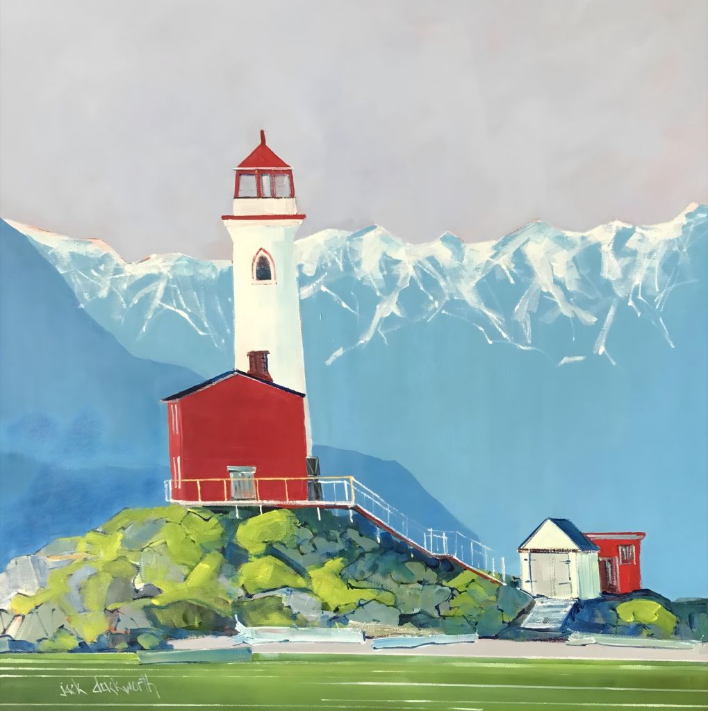 A lighthouse painting with red and white architecture against a blue sky and rocky foreground.