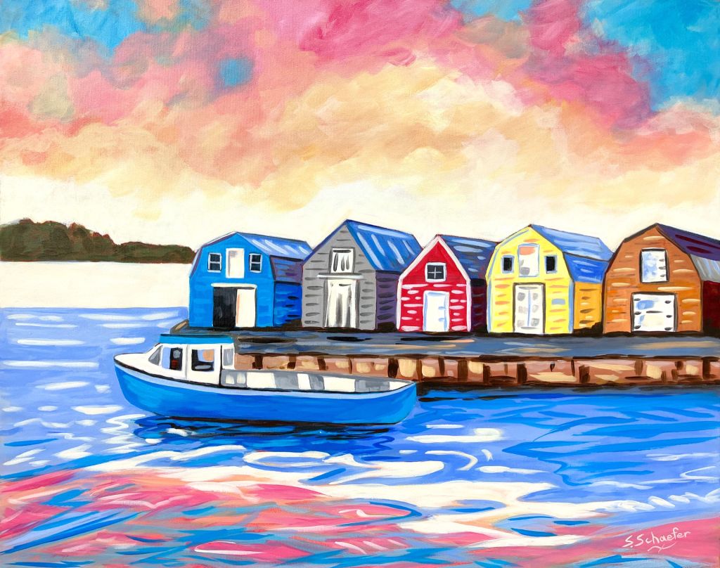 acrylic painting of five boats in vibrant colours with strong contrasts and playful composition.