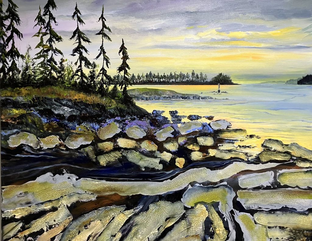 Acrylic painting of a rocky coastal scene with vivid blue waters, earthy rocks, and dynamic textures.