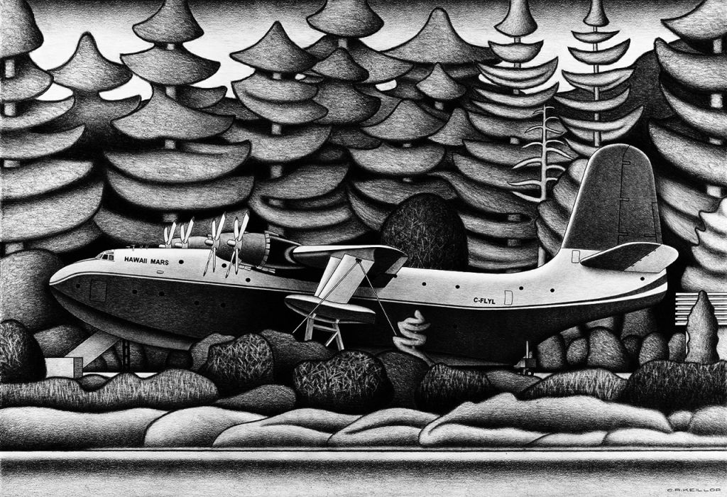 Pencil drawing of Hawaii Mars water bomber on calm Sproat Lake, showcasing shading and reflections.