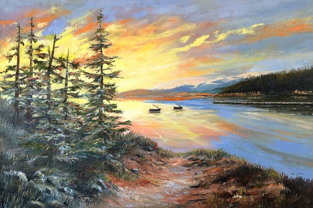 A coastal sunrise painting with warm sky tones, reflective water, and textured foreground elements.