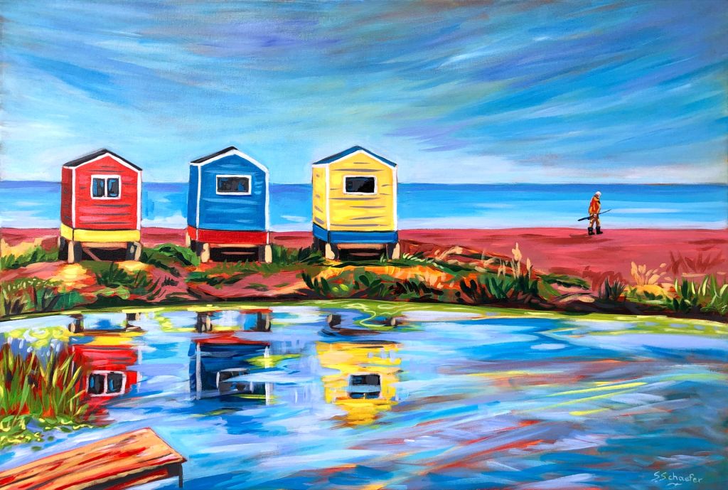 Painting of coastal fishing shacks surrounded by blue water with bold red and yellow hues, accented by textured brushstrokes.