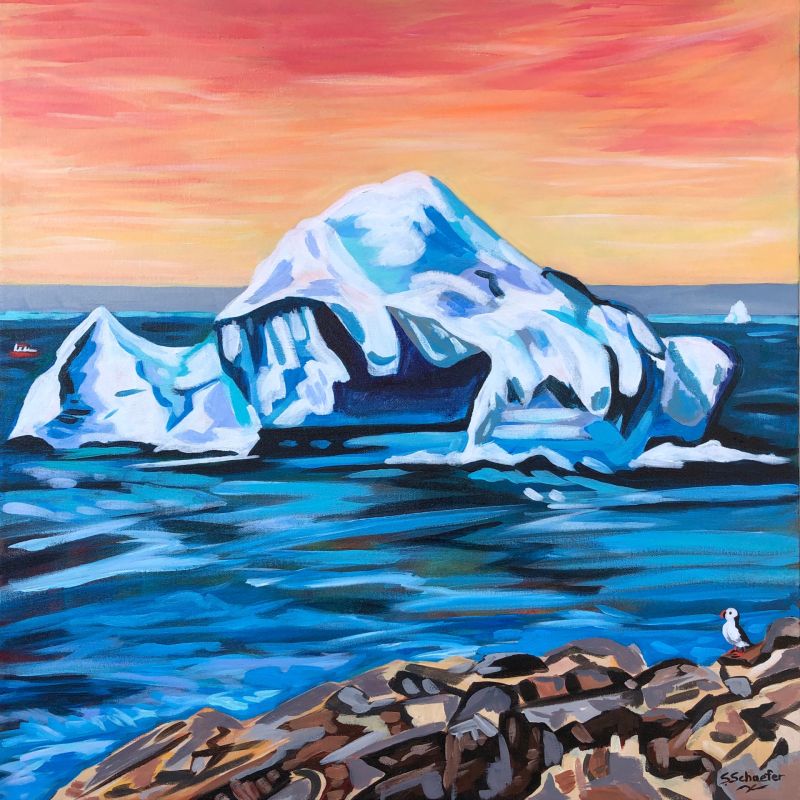 An acrylic painting of an iceberg floating in calm water with cool blue and white tones.