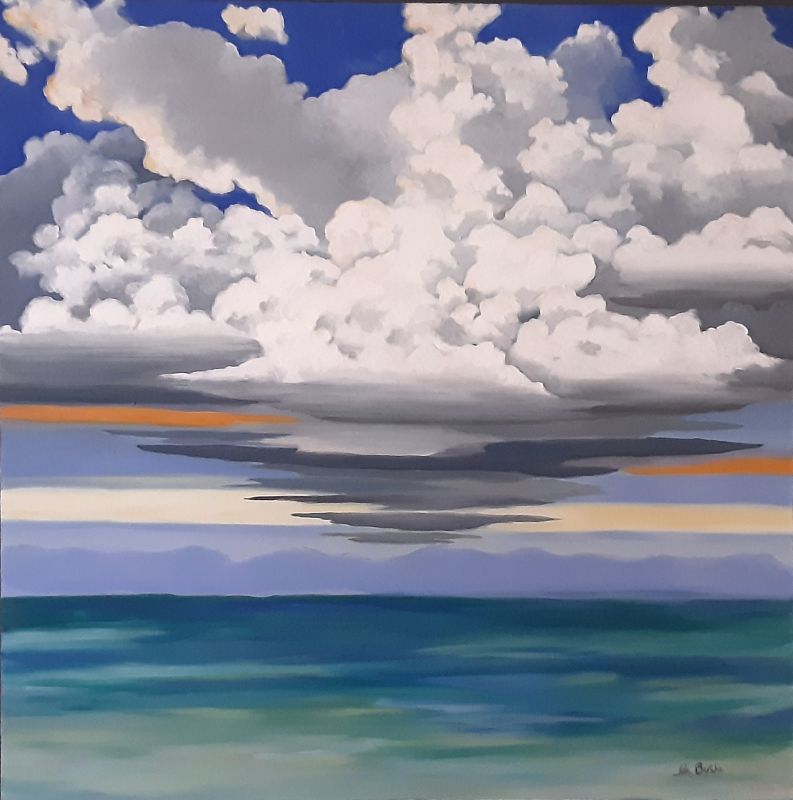 Painting of layered clouds over a calm coastal inlet, with subtle reflections and a harmonious palette of soft blues and greys.