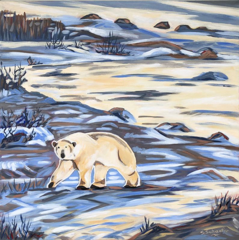 Acrylic painting of a polar bear in muted tones, layered textures convey fragility and isolation in a snowy landscape.