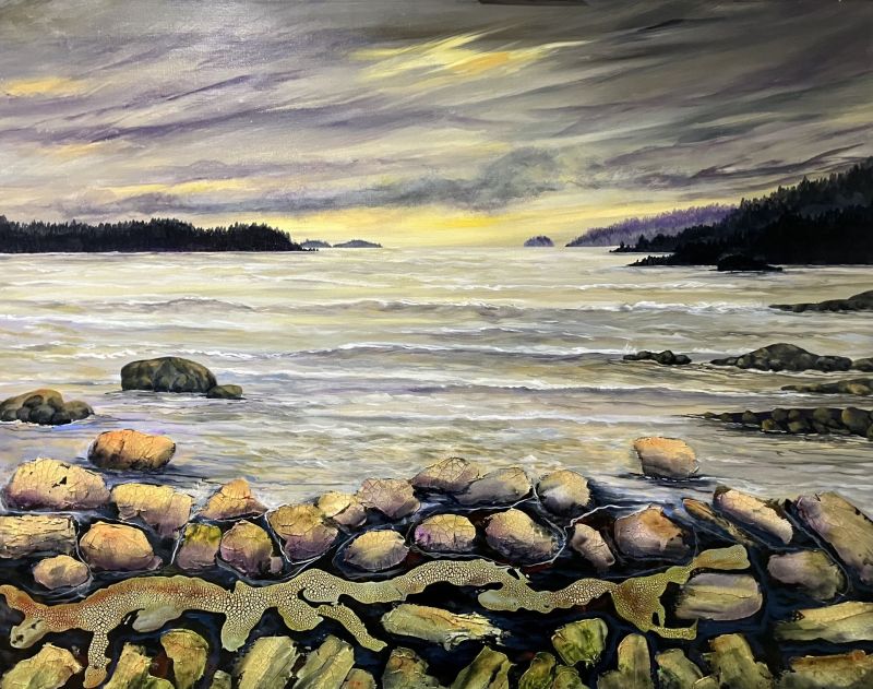 Acrylic painting of a serene beach with vivid blue waves, sandy shores, and a soft, cloud-streaked sky.