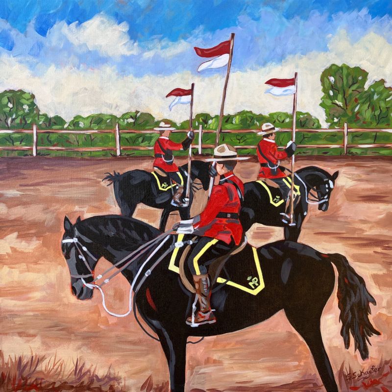 RCMP Musical Ride with vibrant horses and riders in synchronized motion against a lively backdrop.