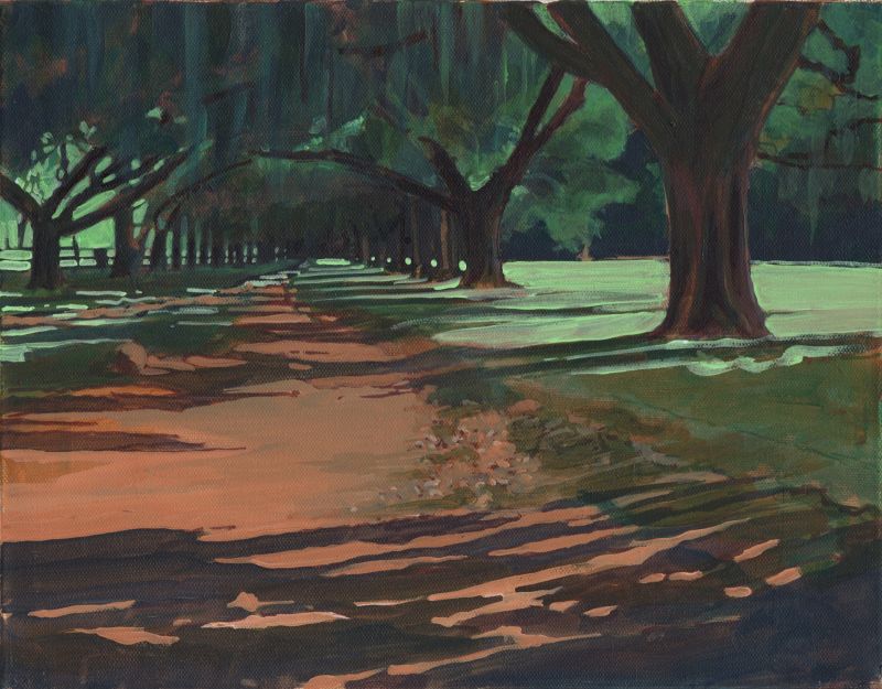 Serene pathway lined with oak trees, shaded by a leafy canopy and textured brushwork.