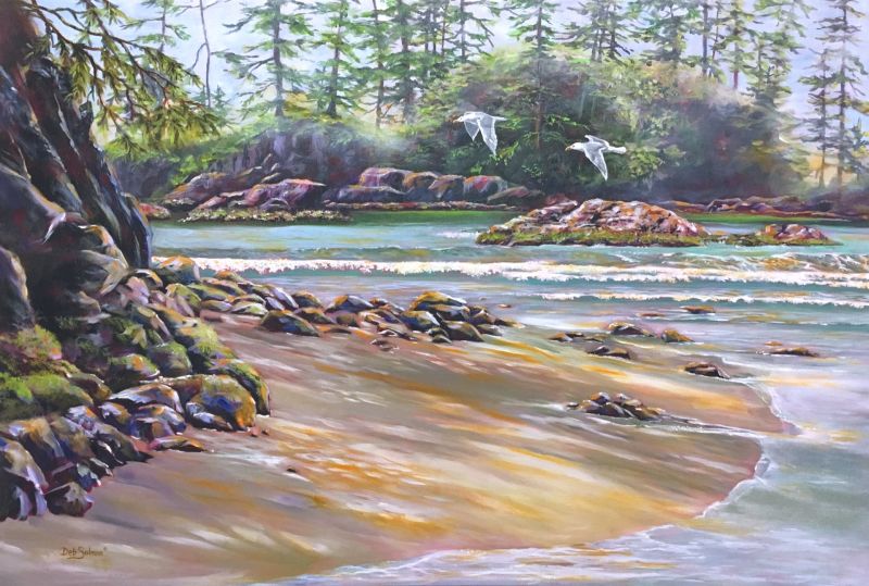 Coastal scene with soft blue and sandy tones capturing the tranquil allure of Schooner Cove in oil paint.