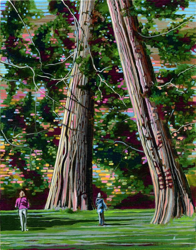 Acrylic painting of Stanley Park with vibrant greens and blues, showcasing detailed brushwork and contrasting light and shadows.