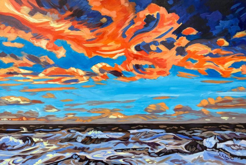 Bold seascape with swirling clouds, fiery sunset, and dark churning waves conveying storm energy.