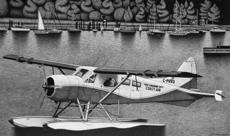 encil drawing of an aircraft resting on calm coastal waters, framed by textured rocks and a serene shore.