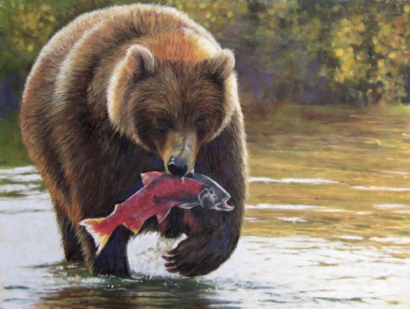 Pastel of a grizzly bear at a river, concluding a salmon hunt with textured fur and vivid water reflections.