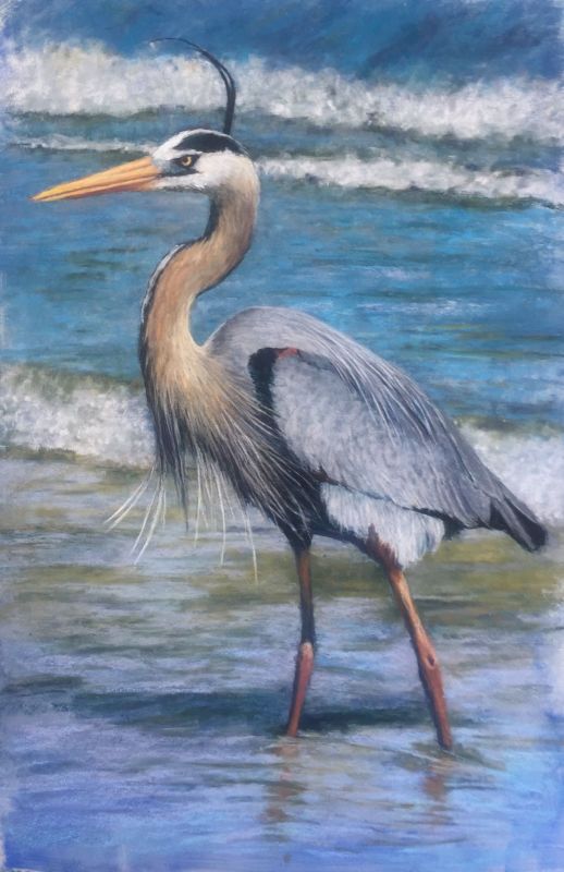 Pastel artwork of a heron with delicate feather details in calming blue and grey tones.